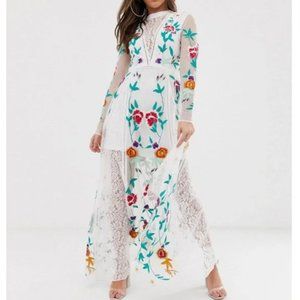 NWT - ASOS Frock and Frill Floral Embroidered Prairie Maxi Dress in White (US 8)